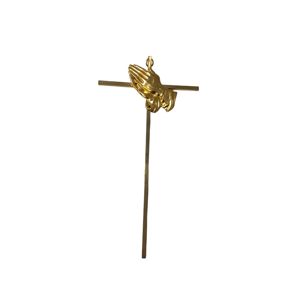MCM Gold Tone Brass Minimalist Super Skinny Wall Cross Crucifix w/Praying Hands